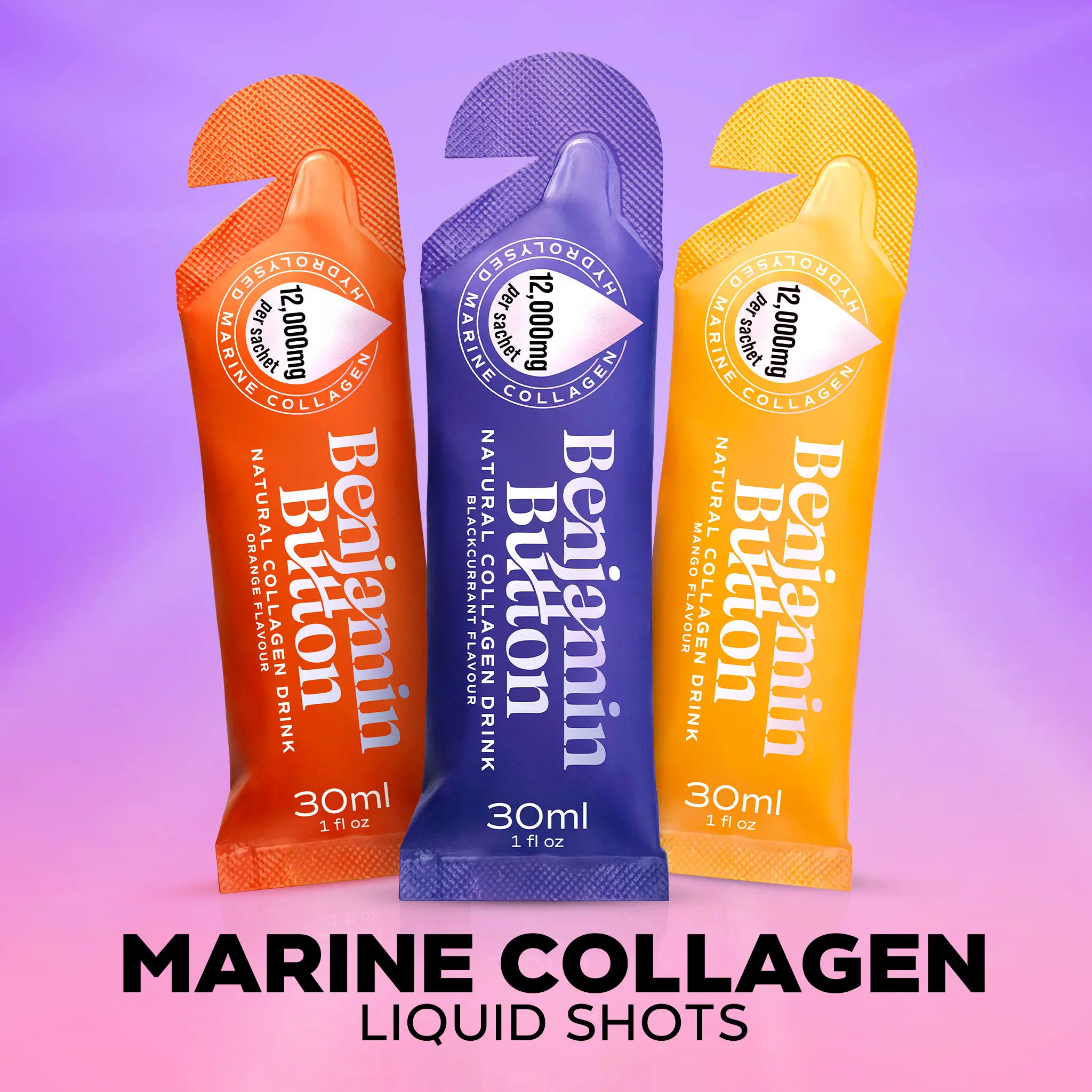 Marine Collagen Liquid Shots | 12,000mg Hydrolyzed Collagen Supplement with Hyaluronic Acid & Vitamin C | Ready-to-Drink Collagen Sachets for Skin, Hair & Joints | Mango, Orange & Berry | 14 or 28 Day Supply