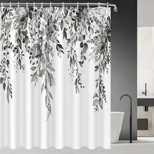 Eucalyptus Leaf Bath Curtain, Waterproof Fabric, Plant Style Bathroom Decor, Sage, Includes Hooks, 70.866 X 70.866 Inches