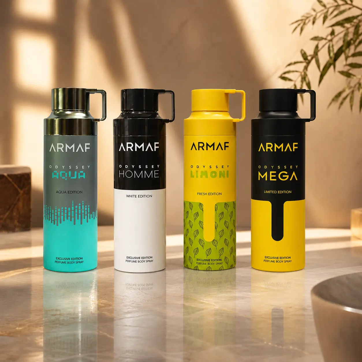 ARMAF Odyssey Aqua + Homme White Edition + Limoni + Mega 4-Piece Body Spray Bundle Men's & Unisex 200 ml / 6.8 oz Each Cologne Perfume Fragrance