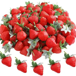 100 Pieces Realistic Lifelike Fake Artificial Plastic Strawberries Fake Fruit Food for Kitchen Decor, Party Decorations, Display and Photography Props