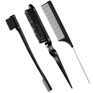 3 Pcs Slick Back Hair Brush Set Bristle Brush Edge Control Teasing Comb for Women Black Hair(Black)