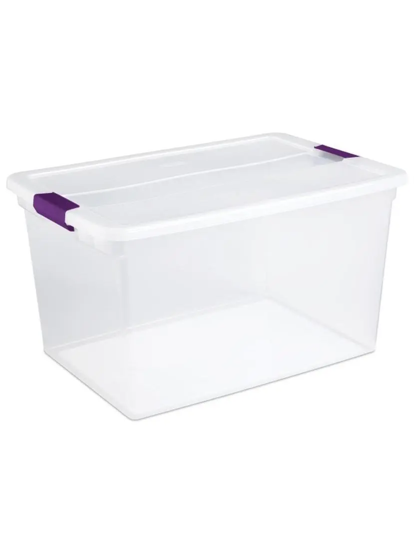 Sterilite 66 Qt ClearView Latch Plastic Lid Storage Container Box Set, Home Supplies Organizer with Sweet Plum Handles, Rectangular Stacking Base Bins (6-Pack)