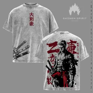 Zoro - OP Vintage Washed T-Shirt, Relaxed Fit, Heavyweight Cotton, Unisex Streetwear Casual Wear, Three Swordsman Graphic Tee, Gift for Anime Fans