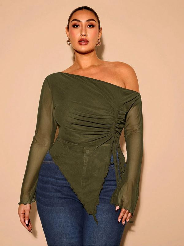 Plus Size Women's Mesh Top, Asymmetrical Shoulder Drawstring Long Sleeve Shirt, Semi-Transparent Slim Fit, Casual & Formal Wear