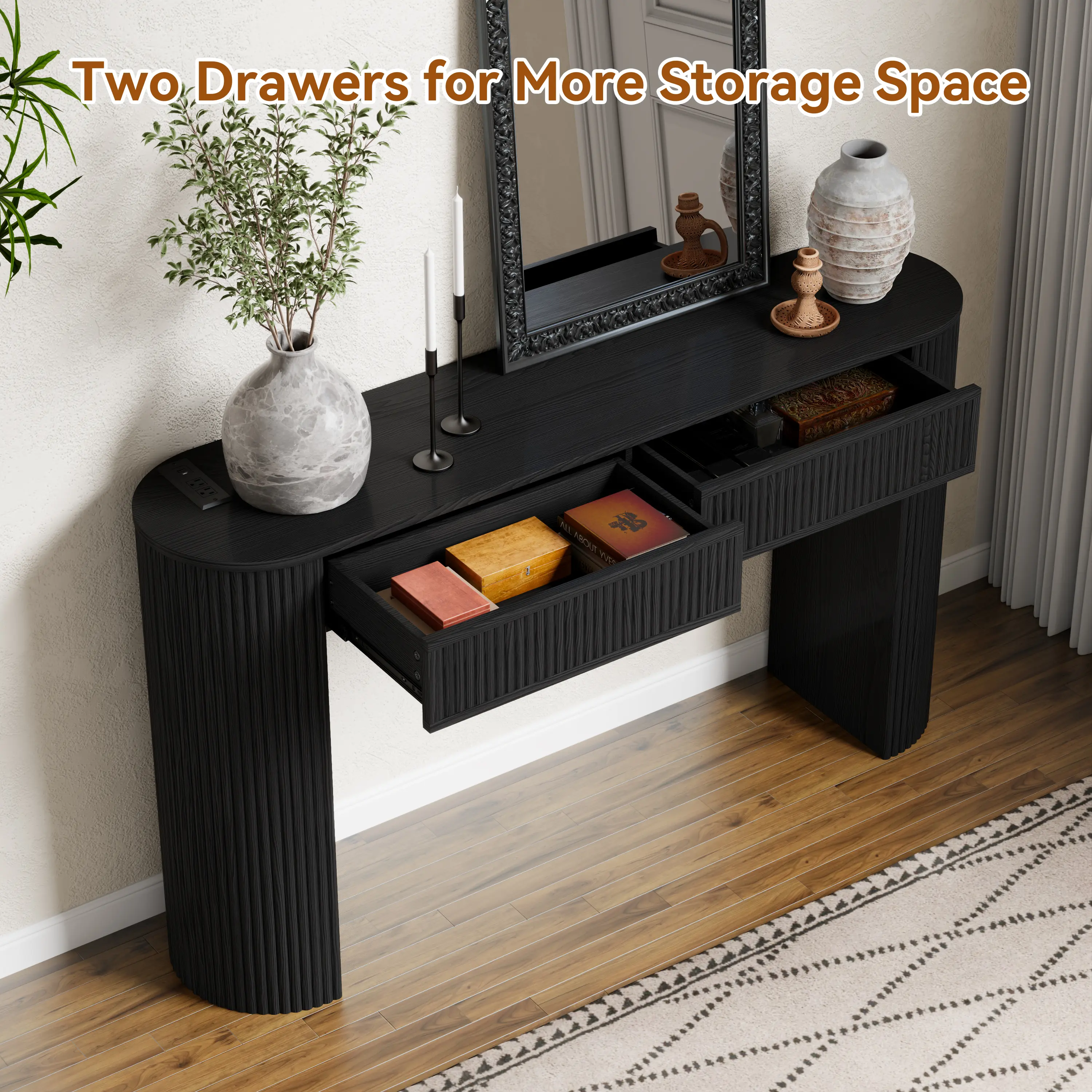 【RGB LED】DHH 55-Inch Fluted Console Table with Charging Station and 2 Drawers, Narrow Sofa Table for Entryway and Behind Couch campingessentials