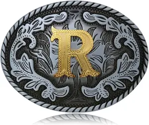 Western Belt Buckle Western Cowboy Initial Letters ABCDJMR to Z Oval Belt Buckle for Men Women Boys Girls