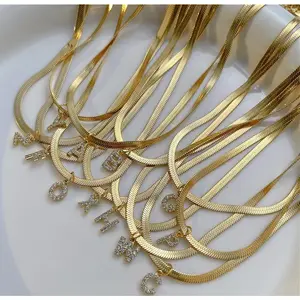 Initial English 26 Letter Necklace Titanium Steel Retro Court Style Flat Snake Bone Collarbone Chain Layered Rhinestone Letter Pendant