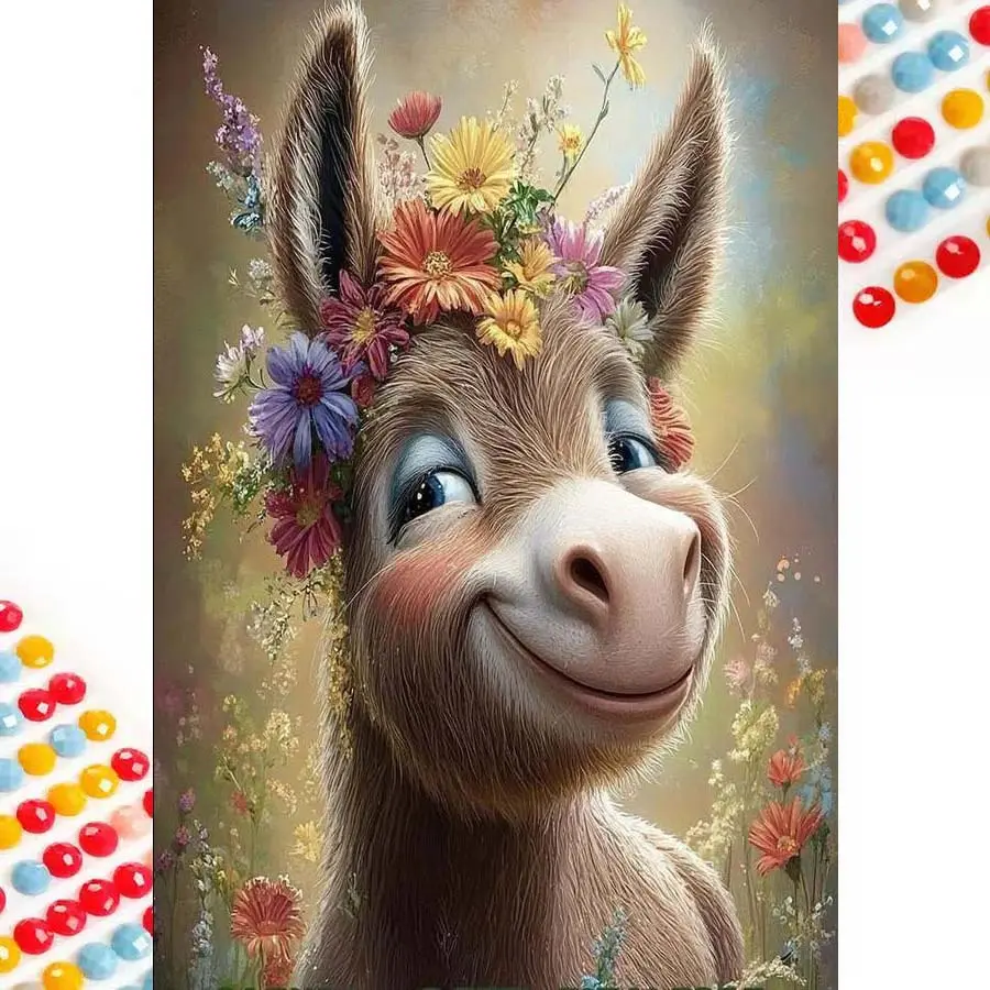 5D DIY Full Drill Round Diamond Painting - Diamond Art Kit Smiling Donkey Wreath Mosaic, Canvas - DIY Decoration Painting, Home Wall Decor, Suitable for Halloween and Christmas, Birthday and Anniversary Gifts, Diamond Painting Kits
