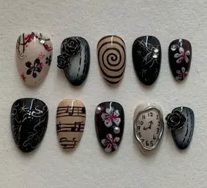 Gothic Floral Clock Press On Nails, 3D Rose, Spiral, Music Note, Pearl Press On Nails, Grunge Aesthetic Nails Set, Halloween Set