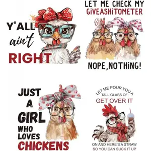 4 Sheets Funny Rooster Iron on Decals Patches, Y'all Ain't Right Iron on Stickers Chicken Heat Transfer Stickers PET Washable Appliques for DIY T Shirt Jacket Decor, 8.6 inch(22cm) Long