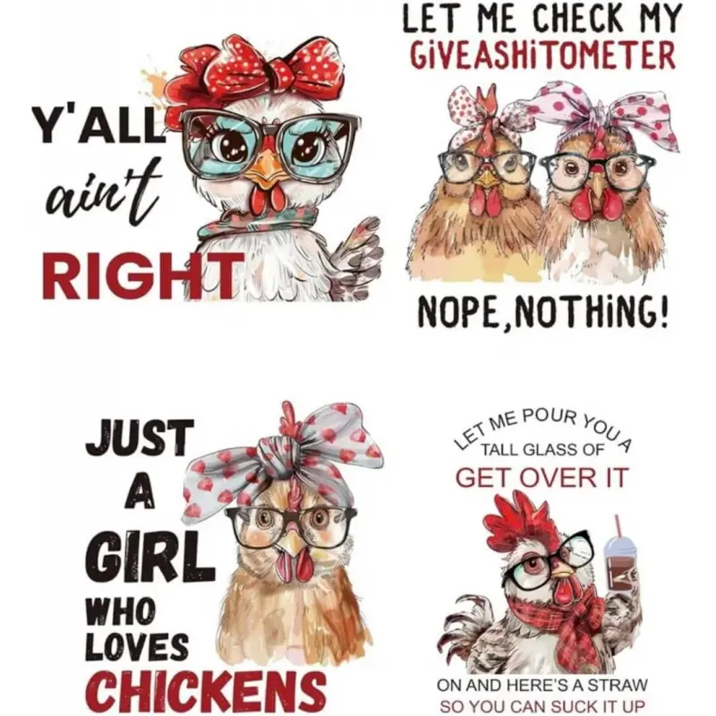 4 Sheets Funny Rooster Iron on Decals Patches, Y'all Ain't Right Iron on Stickers Chicken Heat Transfer Stickers PET Washable Appliques for DIY T Shirt Jacket Decor, 8.6 inch(22cm) Long