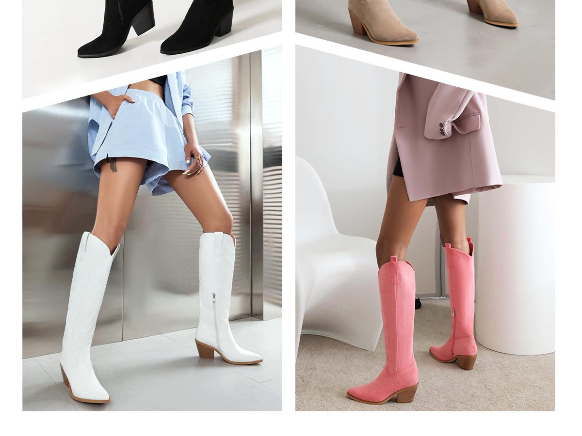 Reitoye Cowboy Boots for Women Embroidery Western Cowgirl Knee High Chunky Heel Boots with Pull-Up Tabs