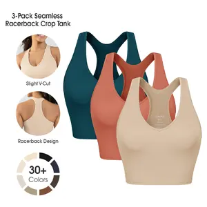 ODODOS 3-Pack Seamless Racerback Crop Tank for Women Ribbed Knit Soft Crop Tops,No Padding