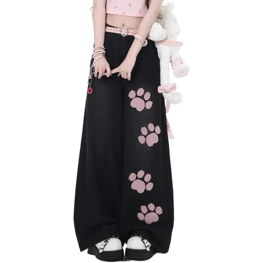 Xojbzoo Women's 2000s Style Cat Claw Embroidered Jeans, Oversized Baggy Wide-Leg Denim Streetwear with a Raw Hem, Halloween, Cute Jeans