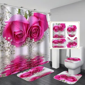 Zen Spa Pink Romantic Rose Pattern Design, 4-piece shower curtain set, modern floral bathroom decoration, with carpet (bath mat, U-shaped, toilet lid) and 12 durable hooks, non slip floor mat, waterproof forest shower curtain, polyester fiber