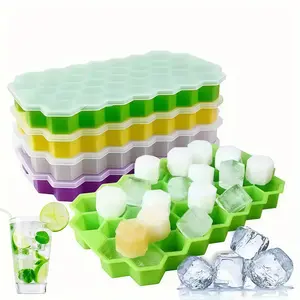 37 Grid Honeycomb Ice Cube Tray with Lid, Silicone Ice Mold for Hexagon Ice Cubes, Reusable Flexible Ice Tray for Whiskey, Cocktails and Cold Drinks