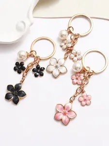3pc Fashionable Alloy Pearl Flower Pendant Keychain, Cute Cherry Blossom & Plum Blossom Design, Perfect for Valentine's Day & Birthdays