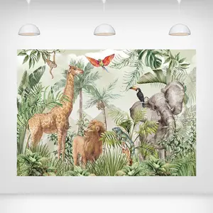 Jungle Animal Backdrop - Safari Wall Decoration for Birthday Party Baby Shower Elephant Giraffe Lion Parrot Toucan Tropical Forest Room Nursery Classroom Party Banner