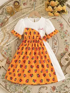 Girls' Floral Print Dress with Lace Trim and Rose Pattern, Bow Waist Short Sleeve Bubble Sleeves, Party and Daily Wear