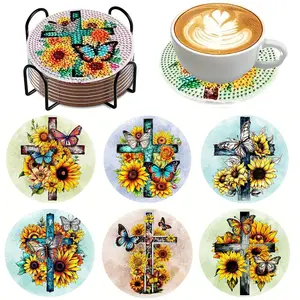6-Piece Diamond Painting Set with Stand, Cross Flower Theme Coasters, Sparkling Diamond Art Wooden Mosaic Handmade Kit, Diamond Painting Kits