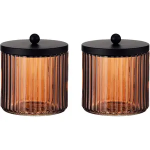2-Pack Glass Qtip Holder Dispenser Set for  Ball, Swab, Round Pads, Floss Picks with Matte Black Metal lid - Bathroom Canister Storage Organization and  Makeup Organizer (Brown)