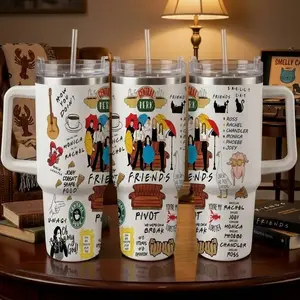Friends TV Show Car Cup (40oz/30oz/20oz) Central Perk Print Cartoon Iconic Quotes Design Durable Stainless Steel Double Wall Insulated Tumbler Suitable for Office Home Travel Gift Party