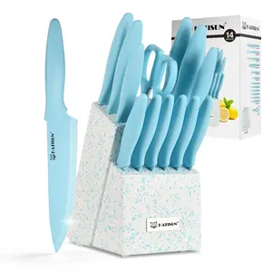 14 Pcs Color-Coded Blue Kitchen Knife Set Rust-Resistant, Ultra-Sharp Knife Collection Includes Wooden Knife Block and Kitchen Shears Ideal for Home and Restaurant Use Top Choice for New Year Gifts