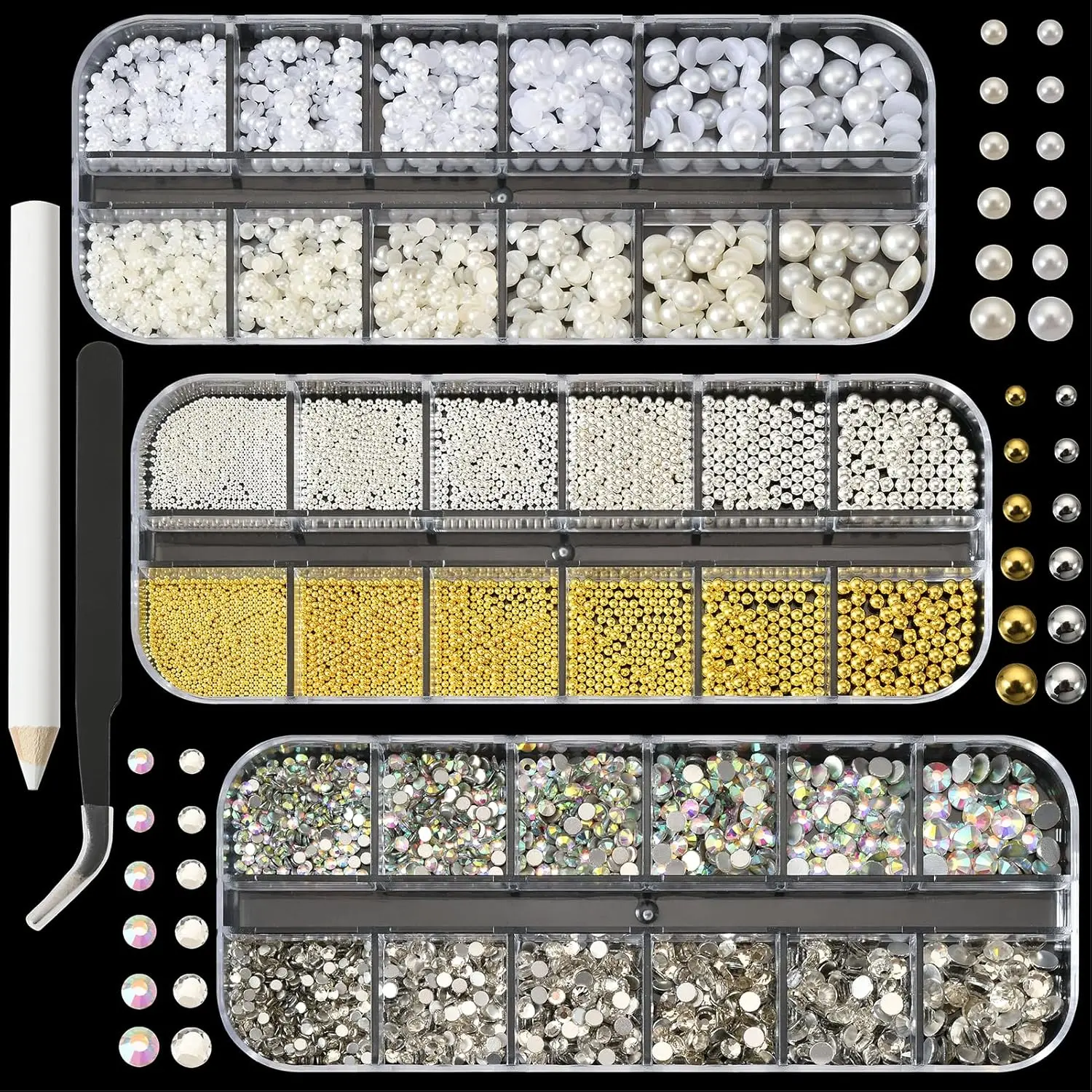 3 Boxes Silver Gold Nail Beads Flatback Pearl Beads Metal Caviar Beads Nail Rhinestones