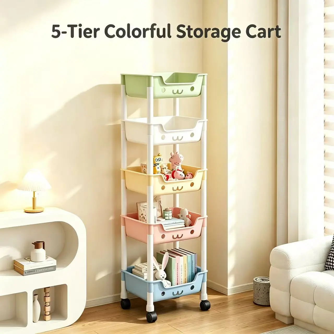 3-Tier 5-Tier Macaron Color Rolling Storage Cart Kids Toy Organizer Mobile Utility Cart with Wheels Multifunctional Plastic Shelving Unit for Playroom Bedroom Kitchen Bathroom