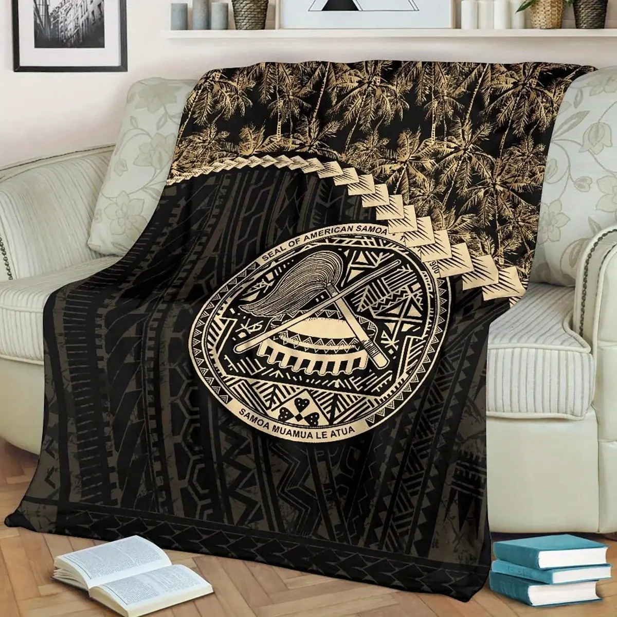 Premium Samoa Tribal Geometric Throw Blanket - Black & Golden Retro Flannel All-Season Bedspread With Quilted Stitching, Cultural Motifs For Living Room, Bedroom, Sofa Decor, Blanket For Bed, Decorative Couch Cover,