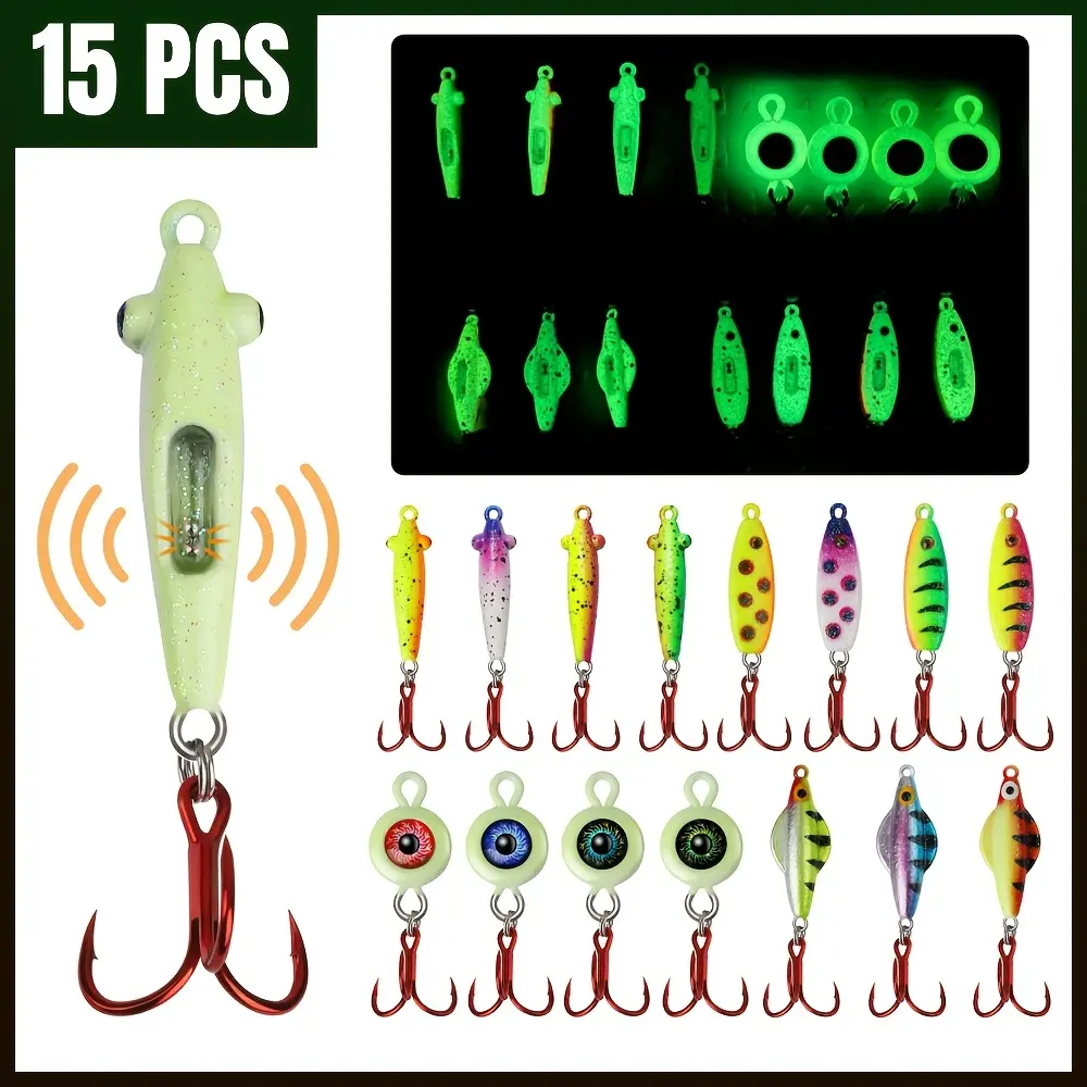 Dovesun 15pcs Ice Fishing Lures Kit - Multi-Size Glow Lures, 1/4oz & 3/8oz Rattling Crouching Tiger Spoons with Treble Hooks for Bass, Crappie - Christmas Gifts for Beginners & Pros, Assorted, 15Pcs Ice Fishing Kit, Rattling Spoon