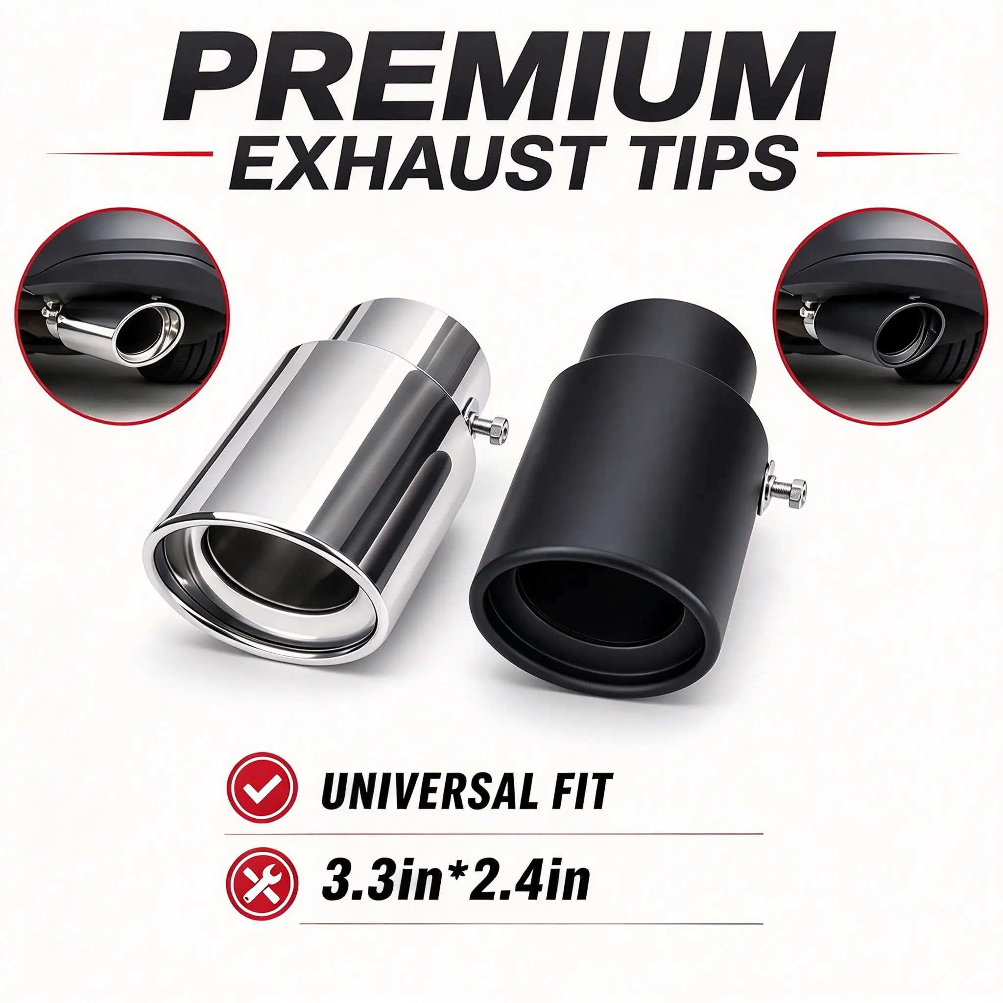 Universal Stainless Steel Car Straight Exhaust Muffler Tip Trim, 2.5" to 3.3" Adjustable Car Decoration Chrome-Plated Finish Exhaust Tailpipe Fits Most Vehicles, Car Exterior Decoration