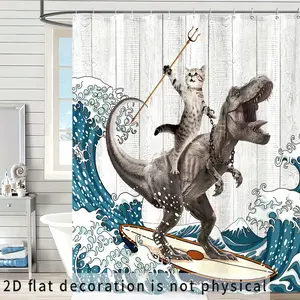 2D Flat 1pc 70.9x70.9 Inch Surfing dinosaur ocean shower curtain, fun cat shower curtain, wave bathroom shower curtain set, bathroom set with 12 hooks Bathroom Accessory
