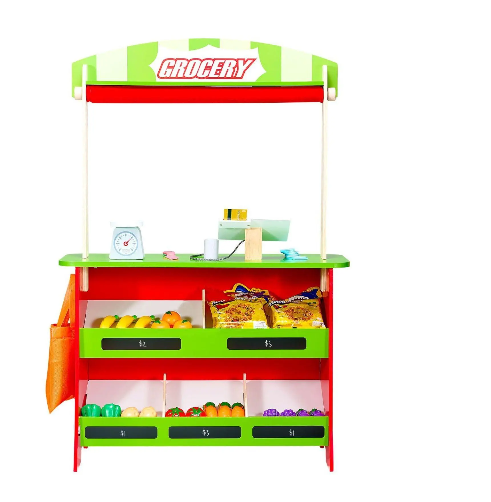 2-in-1 Double-Sided MDF Wood Kids Puppet Theater-Fully Equipped Grocery Store Playset, 11 lbs Pretend Play Market Stand with Chalkboard, Cash Register, Engaging Entertainment & Hands-On Learning Gift for 3+ Year Olds (Holidays, Birthdays)