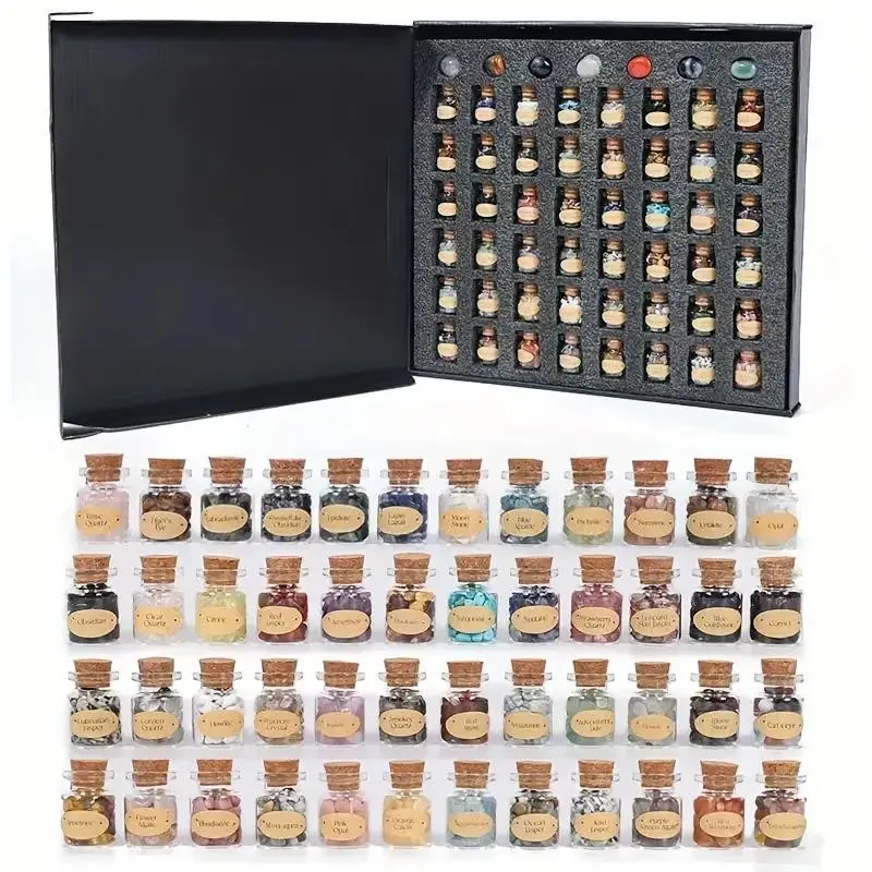 55 Piece Natural Crystal Gemstone Bottle Gift Set, Gemstones and Various Crystals, Crystal Rolling Stone Gift Box, Elegant Jewelry Packaging, Perfect for Gifts & Occasions