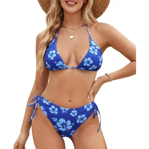 Vintage Print Two Piece Bikini Set for Women - Halter String Triangle Swimsuit with Back Self Tie Spaghetti Strap, Sexy