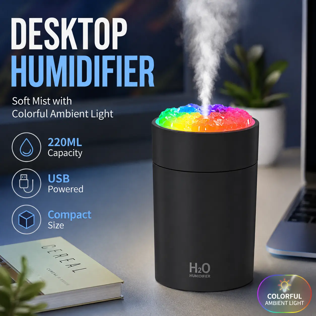 220mL Compact USB Mini Humidifier with Colorful Gradient Light, Personal Cool Mist Humidifier for Desk, Bedroom, Office and Dorm