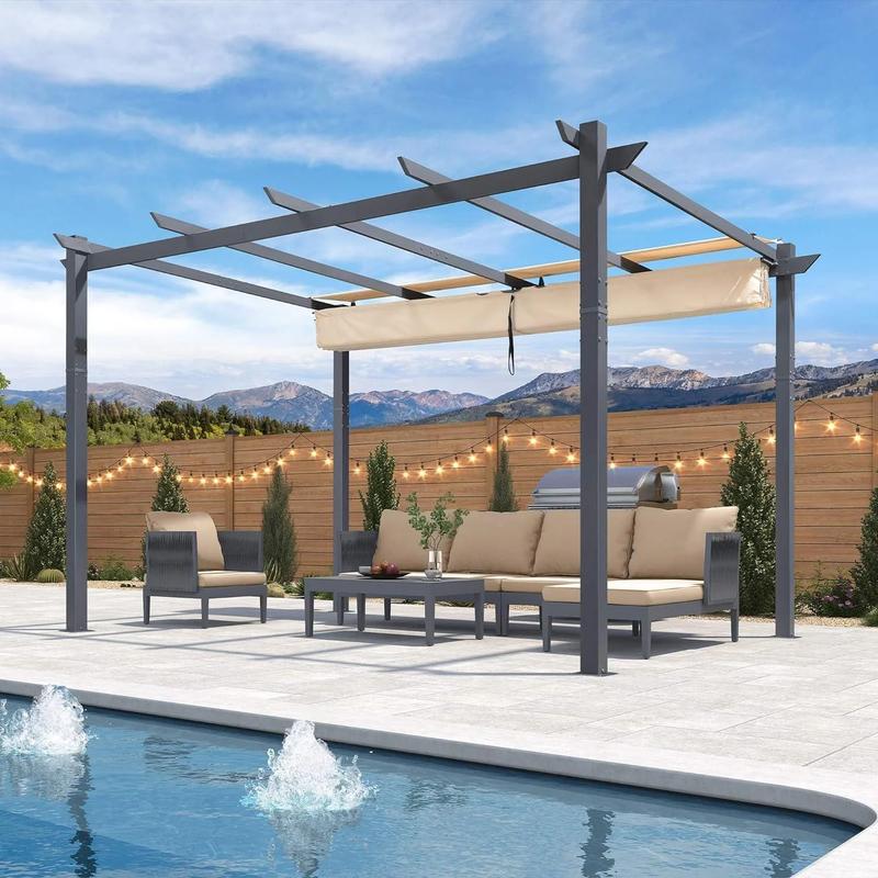 PURPLE LEAF 10'x13' Patio Retractable Pergola with Shade Canopy Modern Grill Gazebo Metal Shelter Pavilion for Porch Deck Garden Backyard Outdoor Pergola, Gray