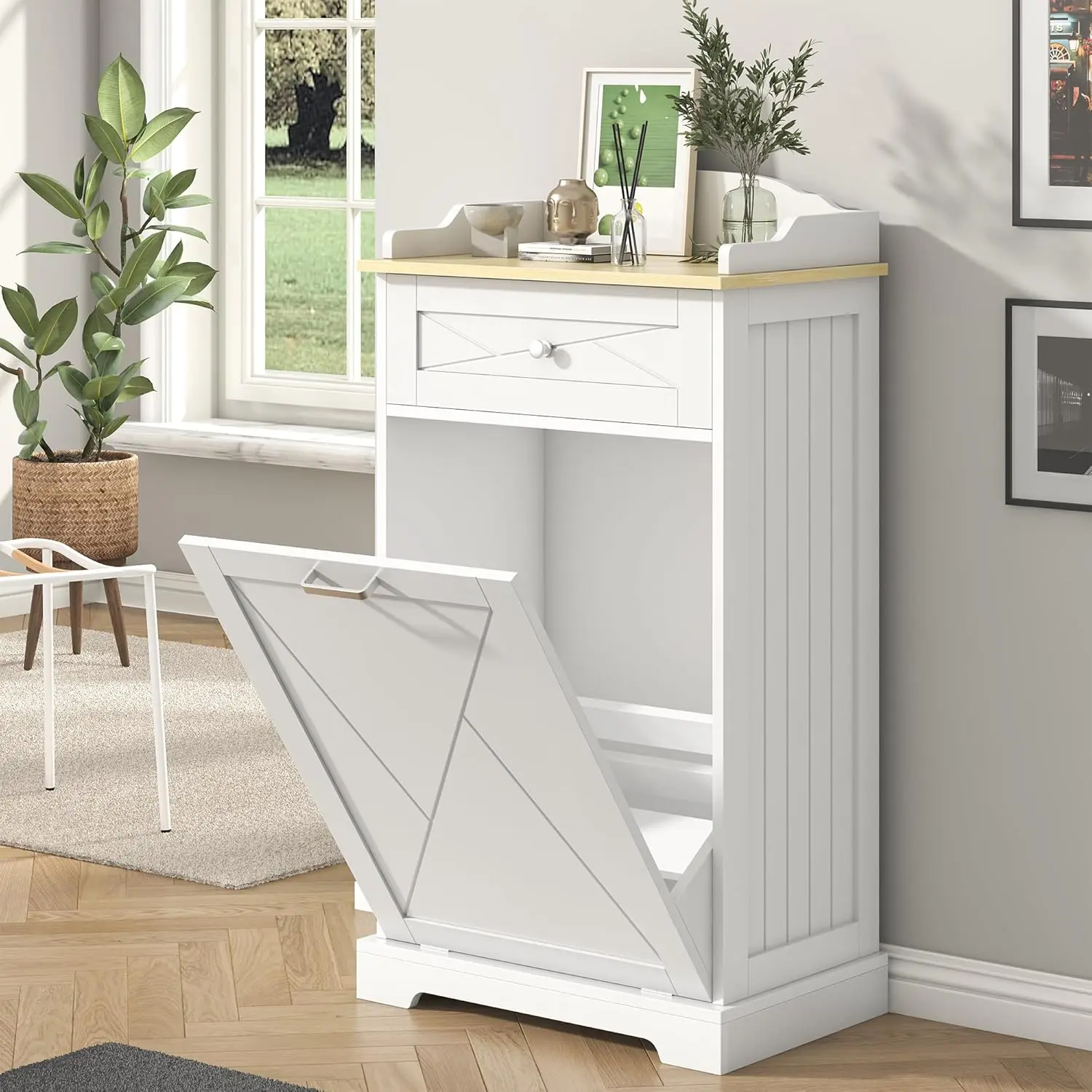 Tilt-Out Trash Can Cabinet with Lid - Pet-Proof, Waterproof Organizer with Drawer & Single Door, Easy-Install Home Supply for Kitchen, Laundry Storage (installation-ready)