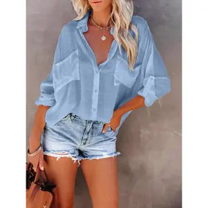 Women’s sheer long-sleeve button-pocket V-neck loose casual commuter shirt, beach vacation cover-up for all seasons
