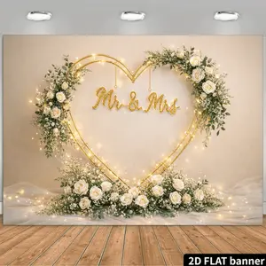 Minimalist Boho Wedding Backdrop, Golden Heart & White Rose Floral Banner, Bridal Shower Party Decor, Romantic Photo Background