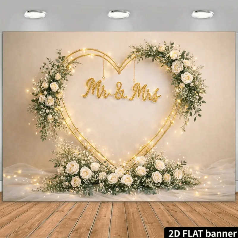 Minimalist Boho Wedding Backdrop, Golden Heart & White Rose Floral Banner, Bridal Shower Party Decor, Romantic Photo Background