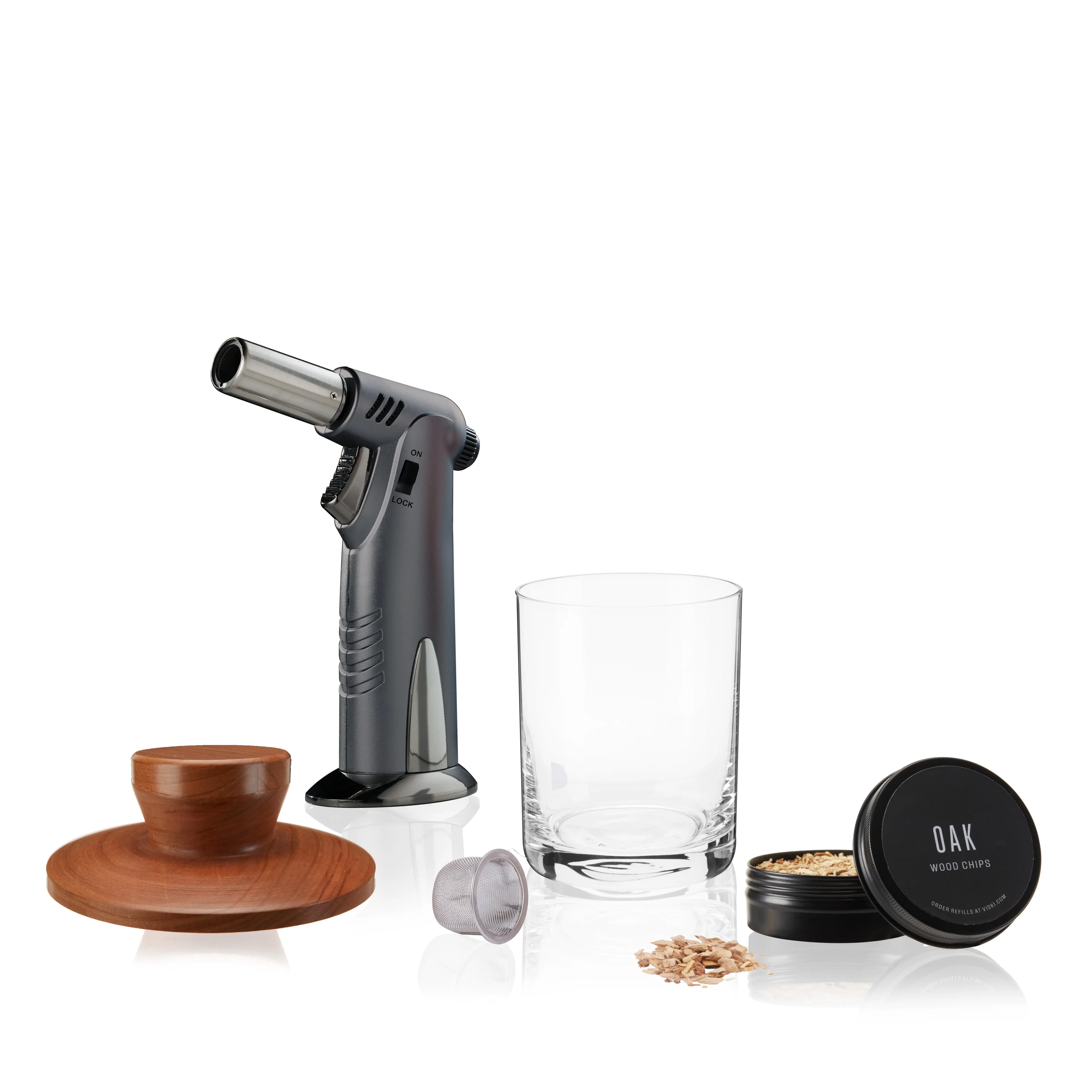Whiskey Alchemi Single-Serve Smoking Cocktail Kit, Handheld Wooden-Tin Bar Set with Stainless-Steel Torch, Strainer, Lowball Glass & Bar Utensils