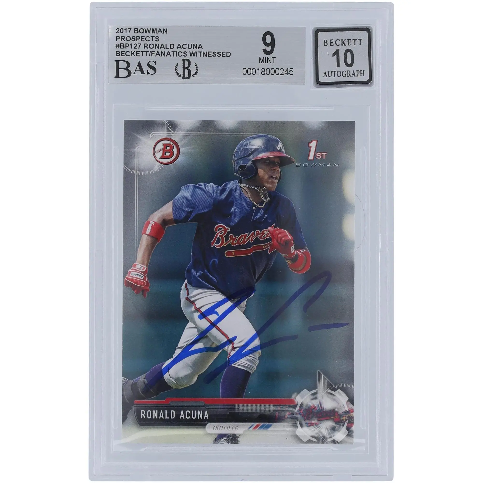 Ronald Acuna Jr. Atlanta Braves Autographed 2017 Bowman Prospects #BP127 Beckett Fanatics Witnessed Authenticated 9/10 Card - Fanatics Authentic Certified