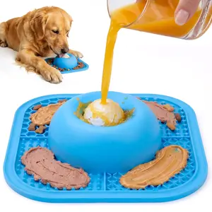 Slow Feeder Dog Bowls & Lick Mat for Liquid and Thick Treat, Anti-Slip Dog Lick Bowl with Interactive Rolling Ball, 5/6 Cup Pup Licking Toy for Large Medium Small Dogs and Cats Blue