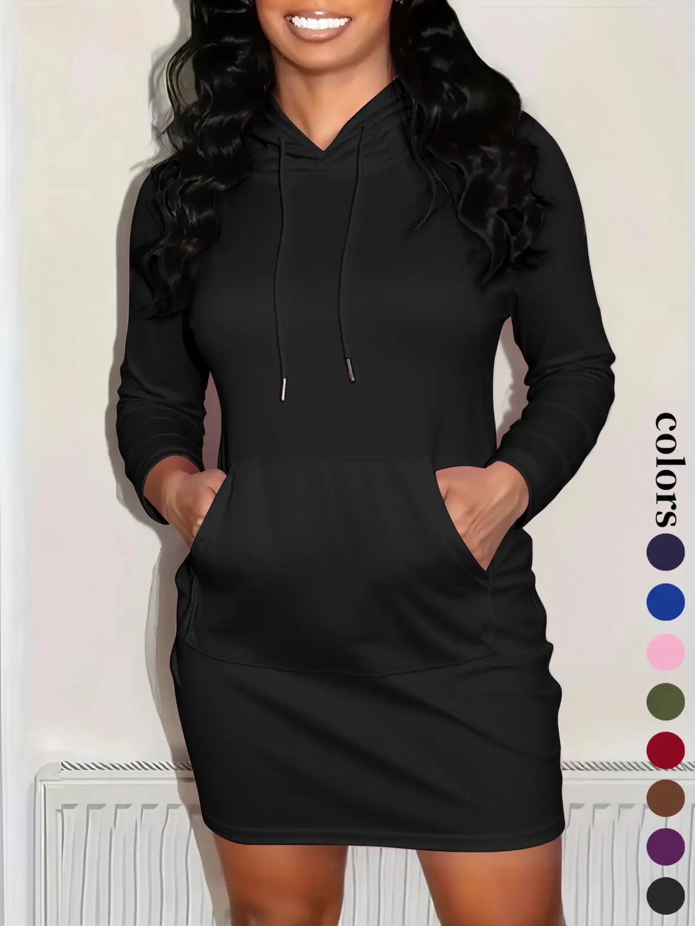 Women's Solid Drawstring Hooded Sweatshirt Dress, Casual Long Sleeve Pocket Dress for Fall & Winter, Ladies Clothes for Daily Wear, Womenswear