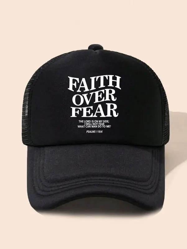 1Pc Adjustable Unisex Faith over Fear Printed Baseball Cap in Black 100% Polyester Casual Dad Cap for All Seasons
