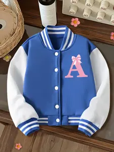 Girls' Printed Baseball Jacket, Butterfly Knot Letter Pattern, School Uniform Outerwear, Cute Cartoon Design, Fall & Winter, Casual Wear, Casual Comfy Jacket