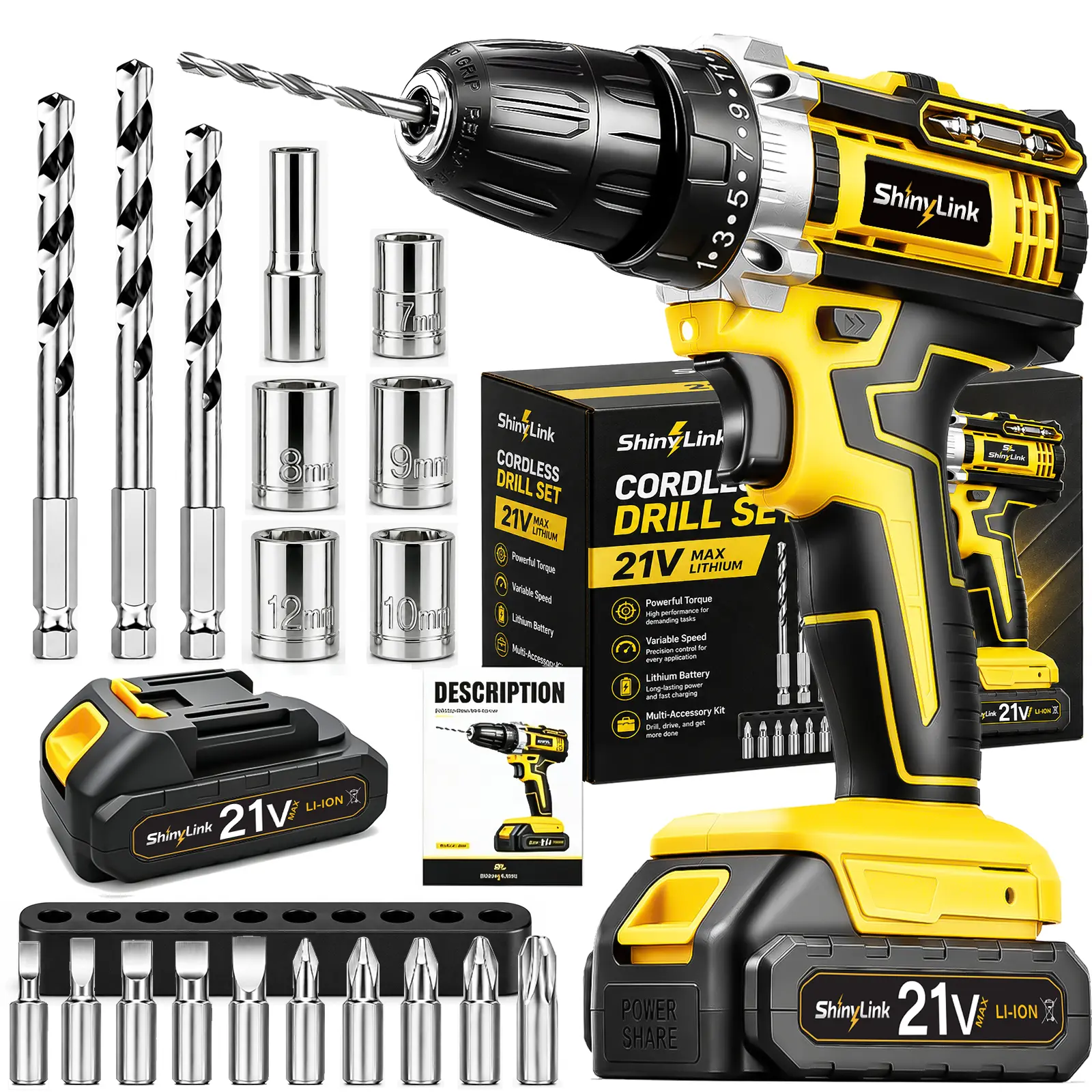 21V Electric Drill Tool Box Set | Electric Drill Cordless Set Rechargeable, Equipped With 2 Battery, Cordless Drill Driver With Hand Tools, Screwdriver, Bits Set And Tool Box For Home Repair