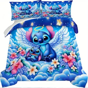DISNEY CLASSIC 3-piece Cozy Angel Stitch Pattern Bedding Set with 1 Duvet Cover + 2 Pillowcases, No Filling, Printed Bedding Set, Soft and Comfortable, Suitable for Bedroom and Guest Room Use